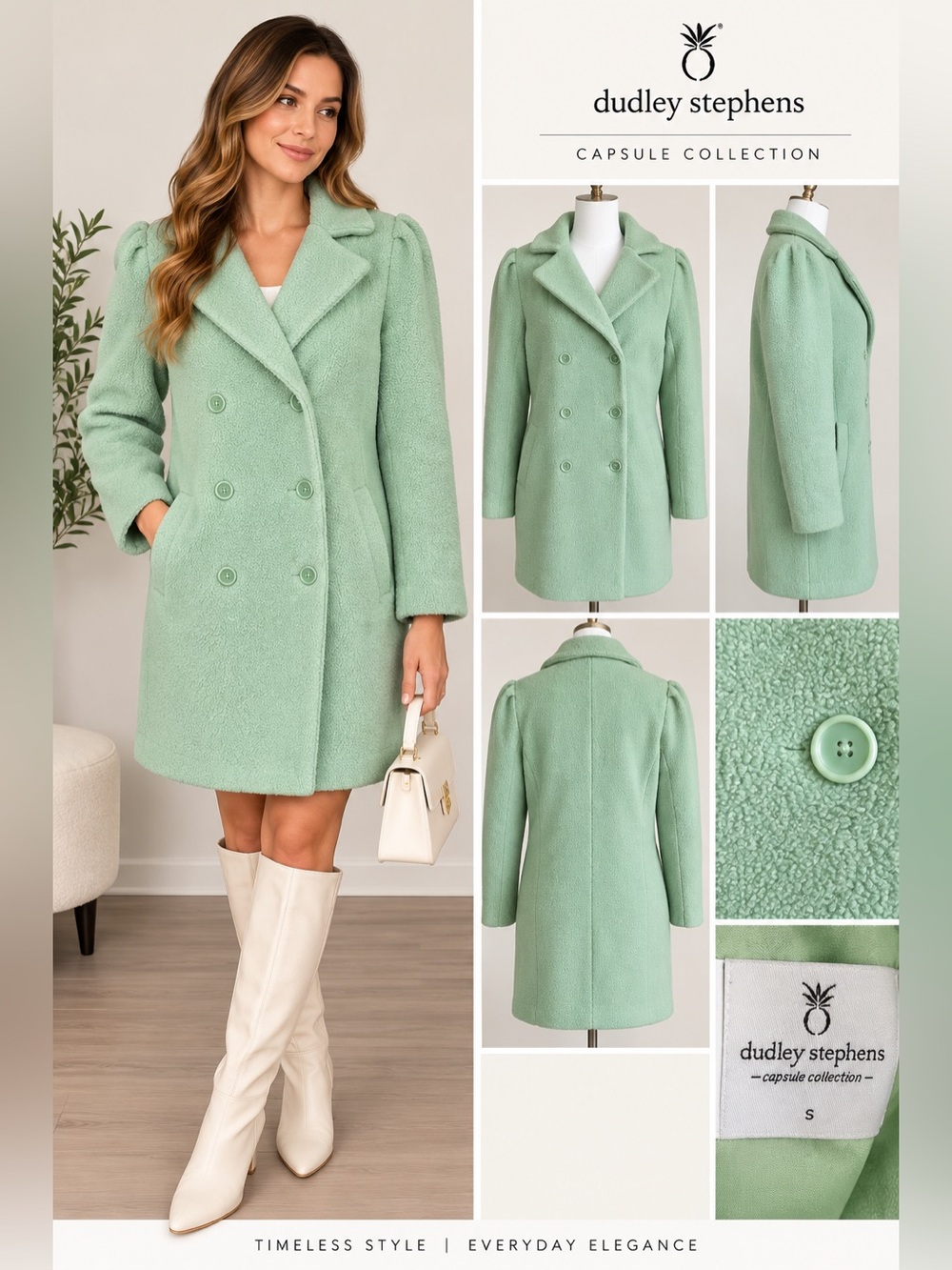 Dudley Stephens Women’s Mint Green Double-Breasted Teddy Pea Coat Size Small